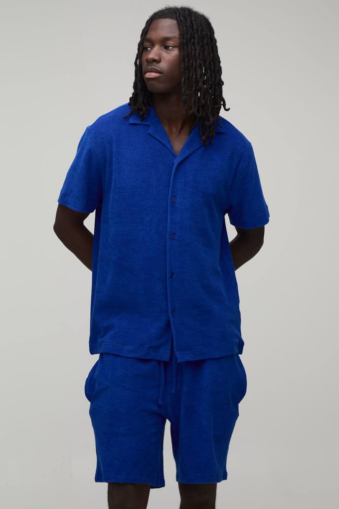 Badstof Regular Fit Overhemdblouse & Relaxed Shorts Set | Light Blue | Size Medium