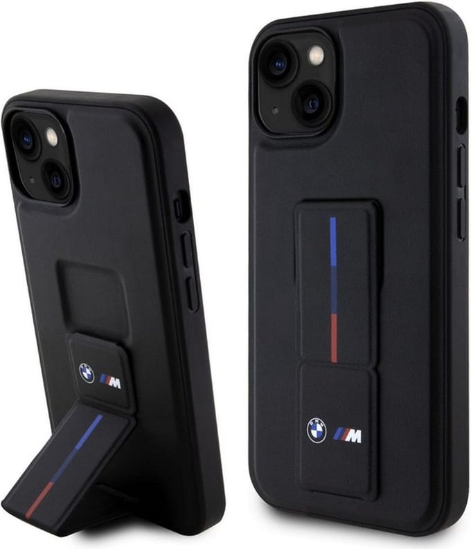 BMW M Tricolor Grip Stand Back Case - Geschikt voor Apple iPhone 15 (6.1") - Zwart