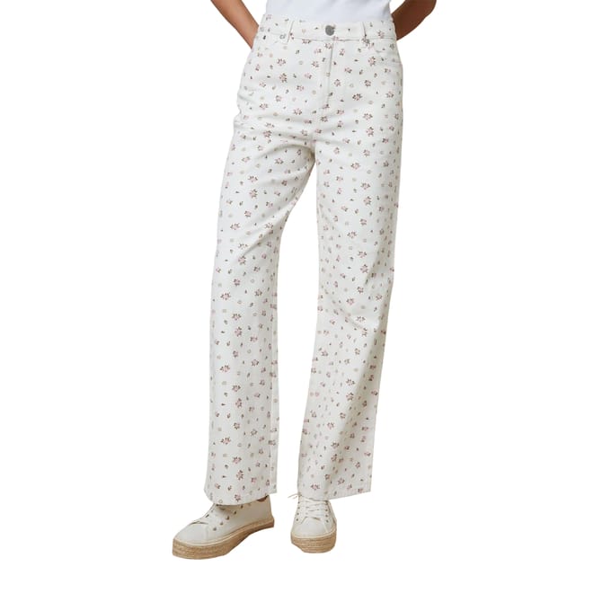 Threadbare Soleil-jeans met bloemenprint en wijde pijpen voor dames (Wit)