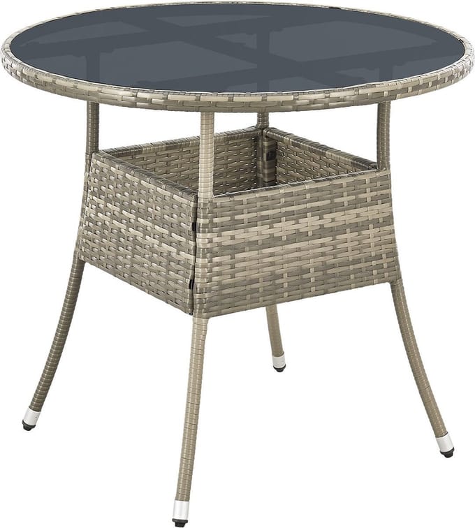Juskys Polyrotan Tuintafel / Bijzettafel / Balkontafel Yoro - Rond - 80 cm - Grijs - Incl. Glasplaat