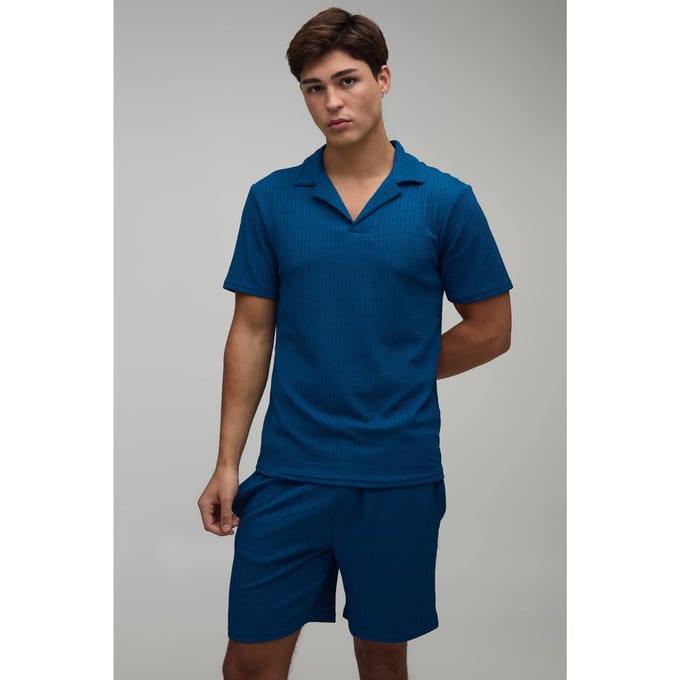 Jersey Gestructureerde Geribbelde Slim Fit Polo & Relaxed Short Set | Navy | Size Medium