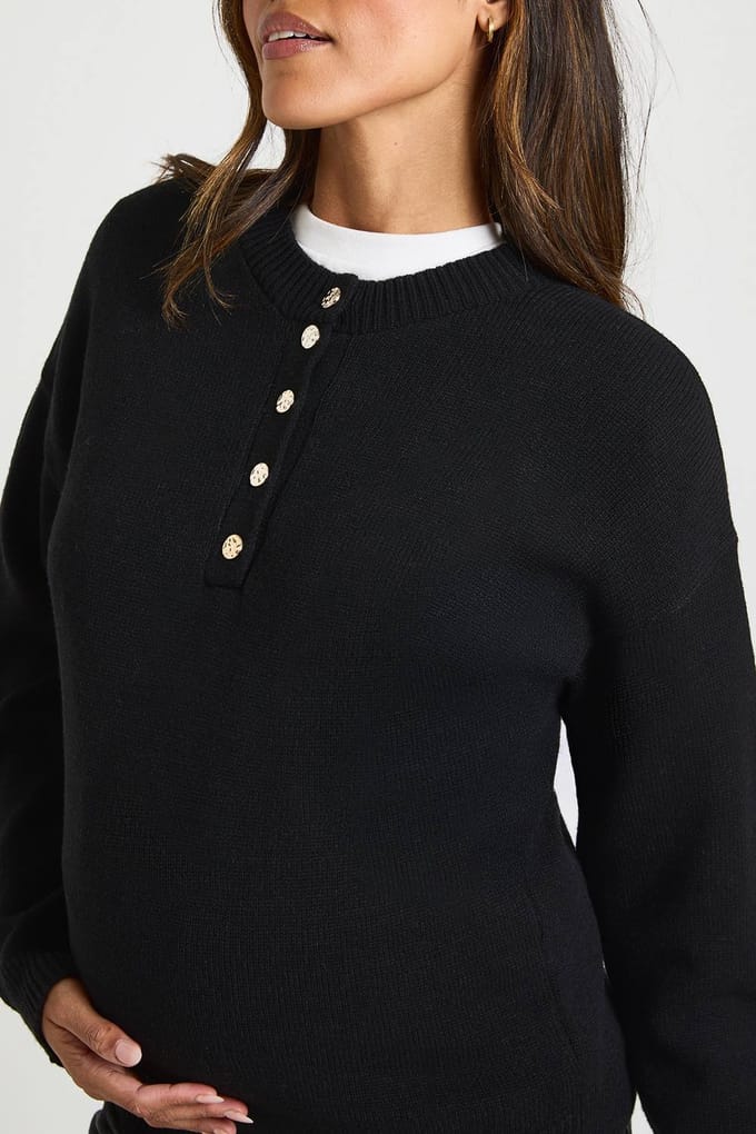 boohoo Dames Zwangerschaps Trui met Gouden Knopen | Black | Maat: Medium