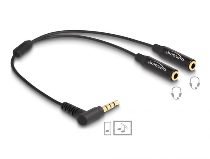 Audio Splitter stereo jack male 3.5 mm to 2 x stereo jack female 3.5 mm 4 pin angled