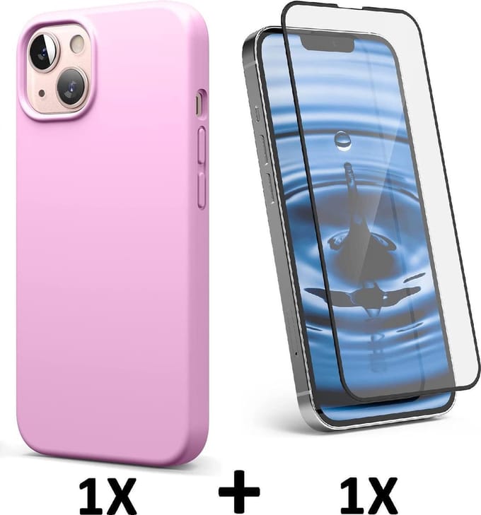 HB Hoesje Geschikt voor Apple iPhone 13 Mini - Roze / Volledige Glazen Screenprotector - Siliconen Back Cover
