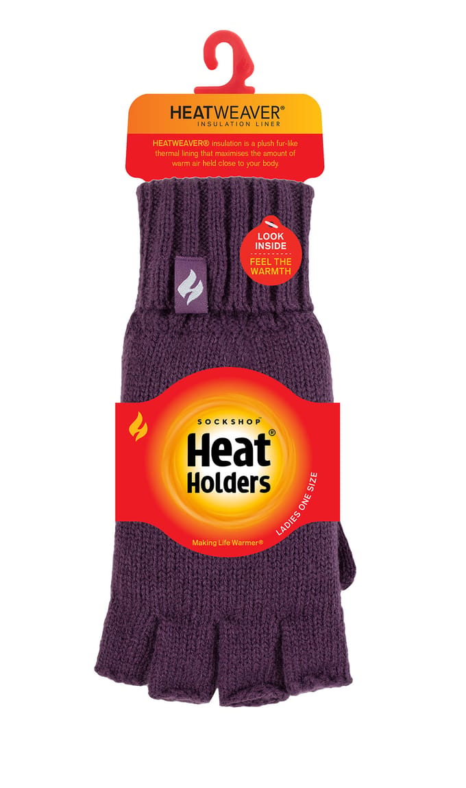 Heat Holders - Solide gebreide vingerloze dameshandschoenen - Paarse Vaste Stof