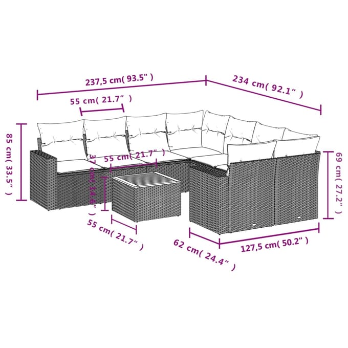 vidaXL - 9-delige - Loungeset - met - kussens - poly - rattan - beige