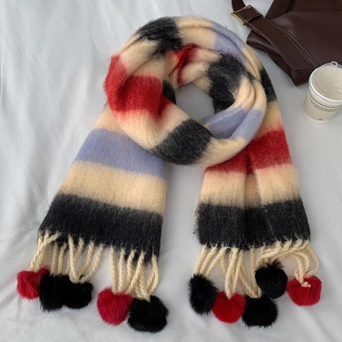 Winter Dopamine Regenboog Gestreepte Dikke Warme Geborstelde Franje Pompon Sjaal brown