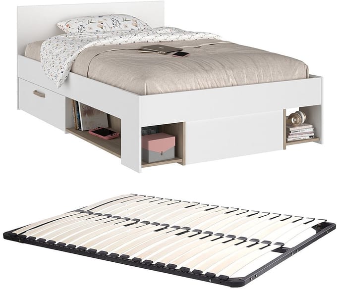 Vente-unique Bedframe hout natuurlijk licht, wit 120 x 190 cm, 120 x 200 cm