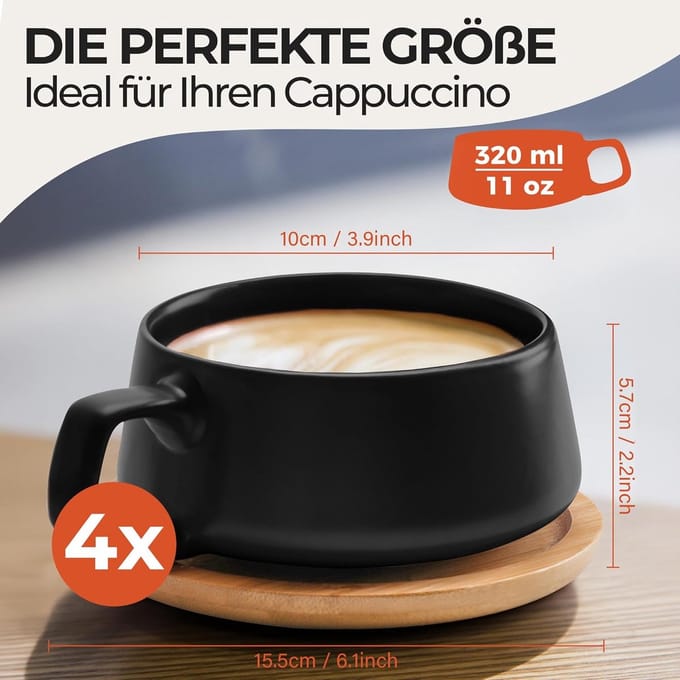 STAR&STER - Luxe Set van 4 Koffiekopjes met Schotel – 320 ml – Stoneware – Modern & Elegant – Zwart