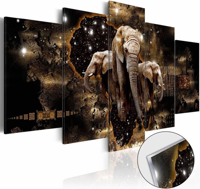 Afbeelding op acrylglas - Olifanten, Zwart/Goud, 5luik