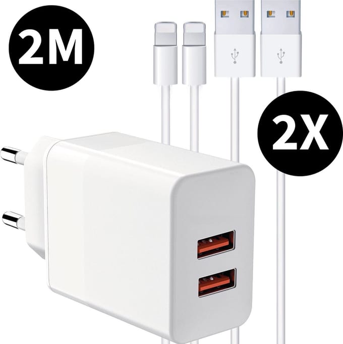 USB Lader met 2x Oplaadkabel 2 Meter - Geschikt voor iPhone X en ouder - 2 Poorten - USB A - 12 Watt