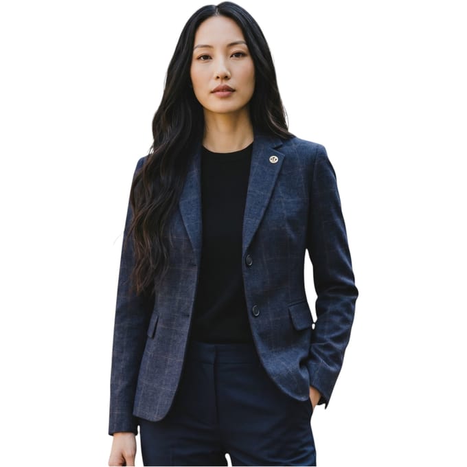 Dames marineblauw op maat gemaakte geruite tweed blazer formeel jasje - TPSTZ-7