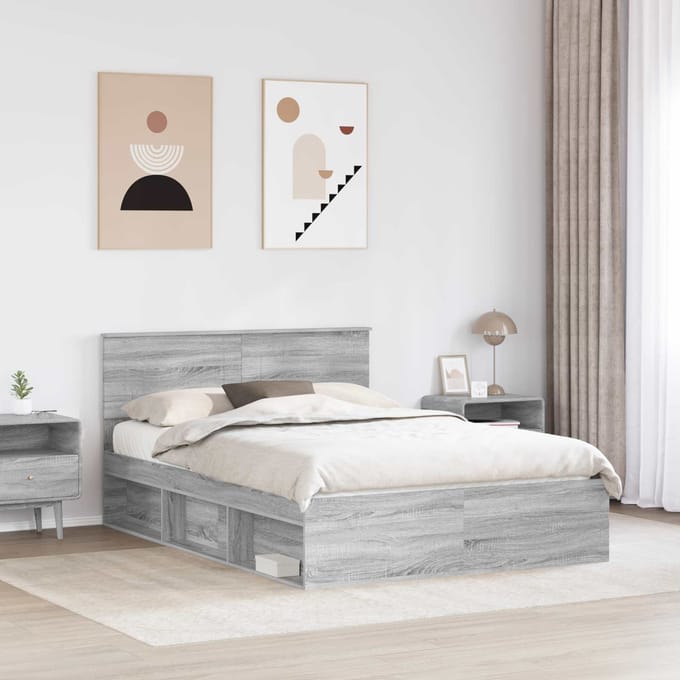 vidaXL - Bedframe - met - hoofdeinde - Grijs - Sonoma - 150 - x - 200 - cm - Bewerkt - hout