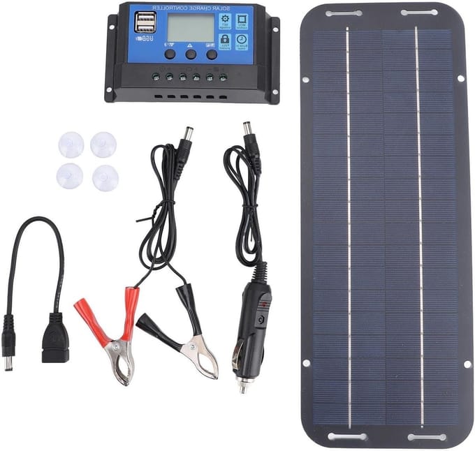 Zonnepaneel Acculader Kit - Druppellader Solar - Accu Onderhoud - Efficiënte Zonnecellen - 32 x 16 cm - Zwart