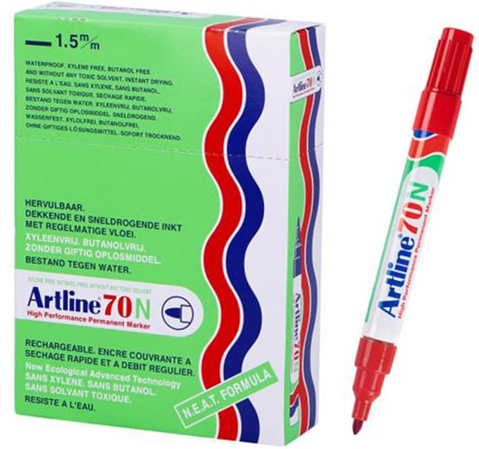 Artline 70 Permanent Marker - Doos 12 Stuks - Kogelpunt 1,5mm - Watervast & Wrijfvast - Hervulbaar - Rood
