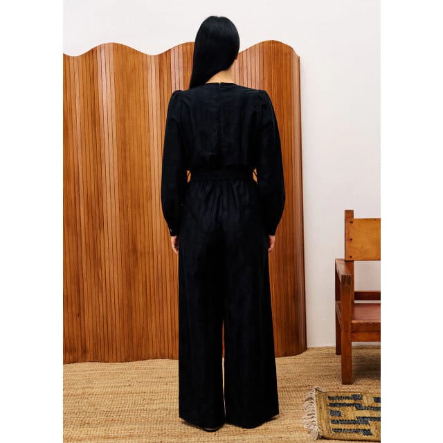 FRNCH Cardamom jumpsuit met strikceintuur en pofmouw zwart