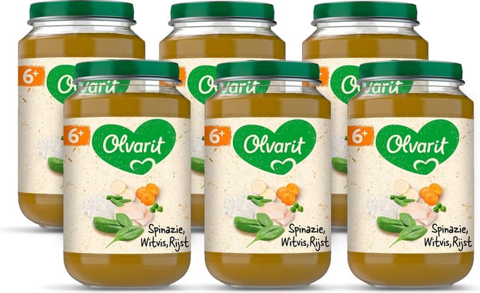 Olvarit Babymaaltijd 6+ Maanden – Spinazie Witvis Rijst – 6 x 200g