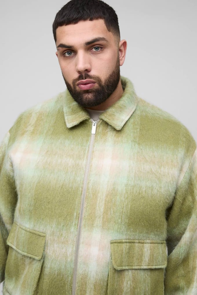 Plus Brushed Check Cargo Pocket Oversized Overshirt | Green | Size 2XL