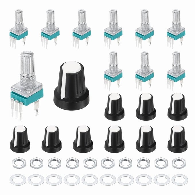 Draaipotentiometers 10 Stuks - Variabele Weerstanden - Audio Regeling - Afgedicht Ontwerp - B10K Ohm - Met Witte Knoppen