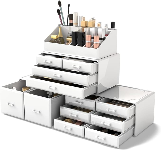 Famanu Make-up Organizer Opbergladen Display Dozen Case met Laden (12D, wit)