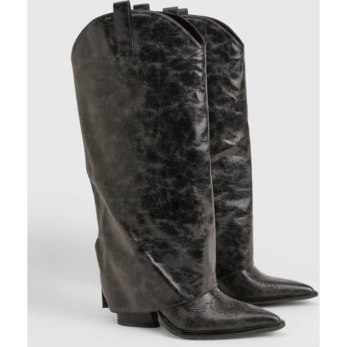 boohoo Dames Cowboylaars met brede pasvorm, clean distressed afwerking en westernhak | Black | Maat: 3