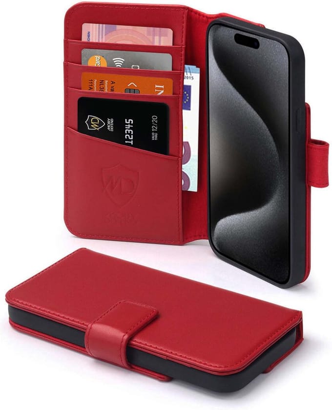 MobyDefend Hoesje - Geschikt voor iPhone 15 Pro - Luxe Leren Wallet Bookcase - Rood