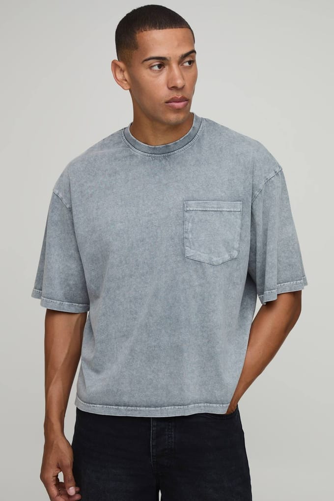 Essentieel Gewassen Oversized Boxy T-shirt Met Voorzak | Grey | Size Large