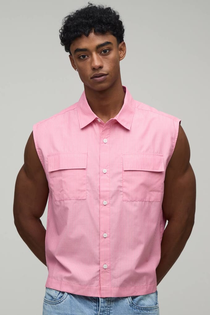 Oversized Boxy Gestreept Mouwloos Shirt | Pink | Size XL