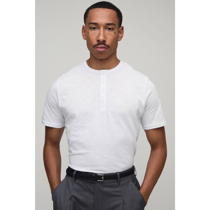 Slim Fit Slub Henley T-Shirt | White | Size Medium