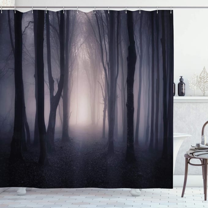 ABAKUHAUS Bos Douchegordijn, Tief in het Jungle Spooky, Stoffen Badkamerdecoratieset met Haken, 175 x 240 cm, Donkergrijs Paars