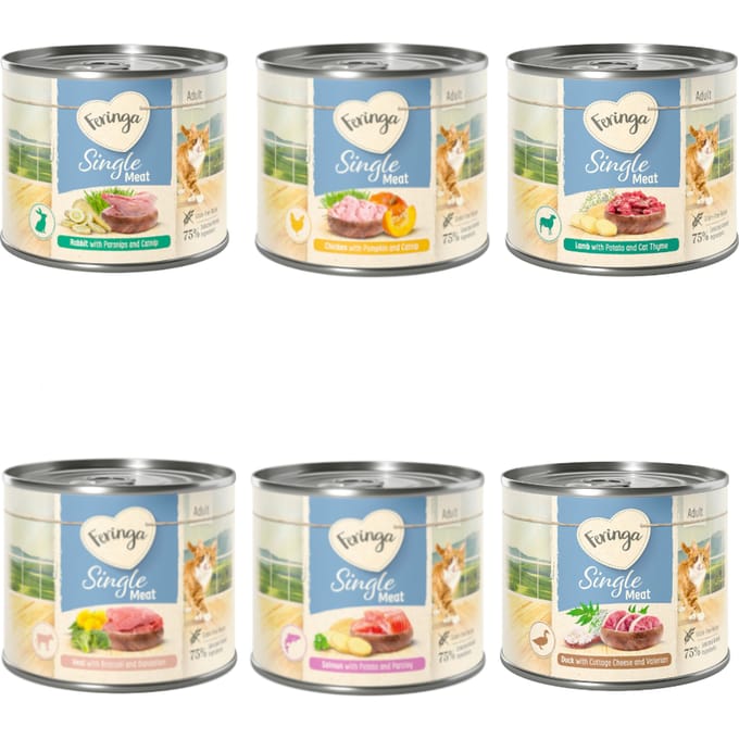 Feringa Single Meat Menu 12 x 200 g Kattenvoer - Gemengd pakket I (6 smaken): Kip, Konijn, Lam, Kalf, Eend, Zalm