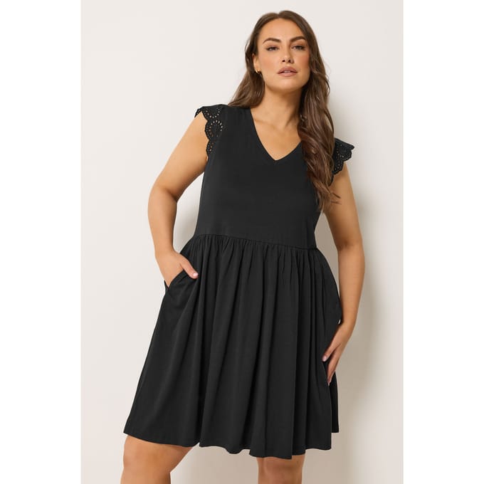 Yours Zwarte Jurk Met Broderie Anglaise En Peplum Size 48