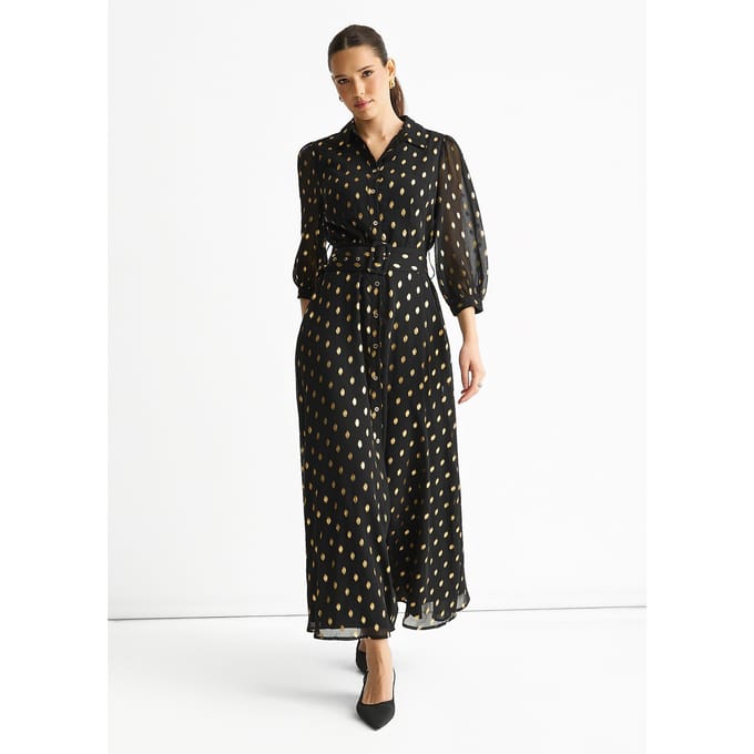 Zwarte chiffon maxi-shirtjurk met ceintuur
