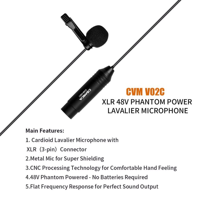 COMICA CVM-V02C Cardioïde Lavalier Reversmicrofoon Condensatormicrofoon XLR-stekker Ondersteunt 48V Phantom zwart