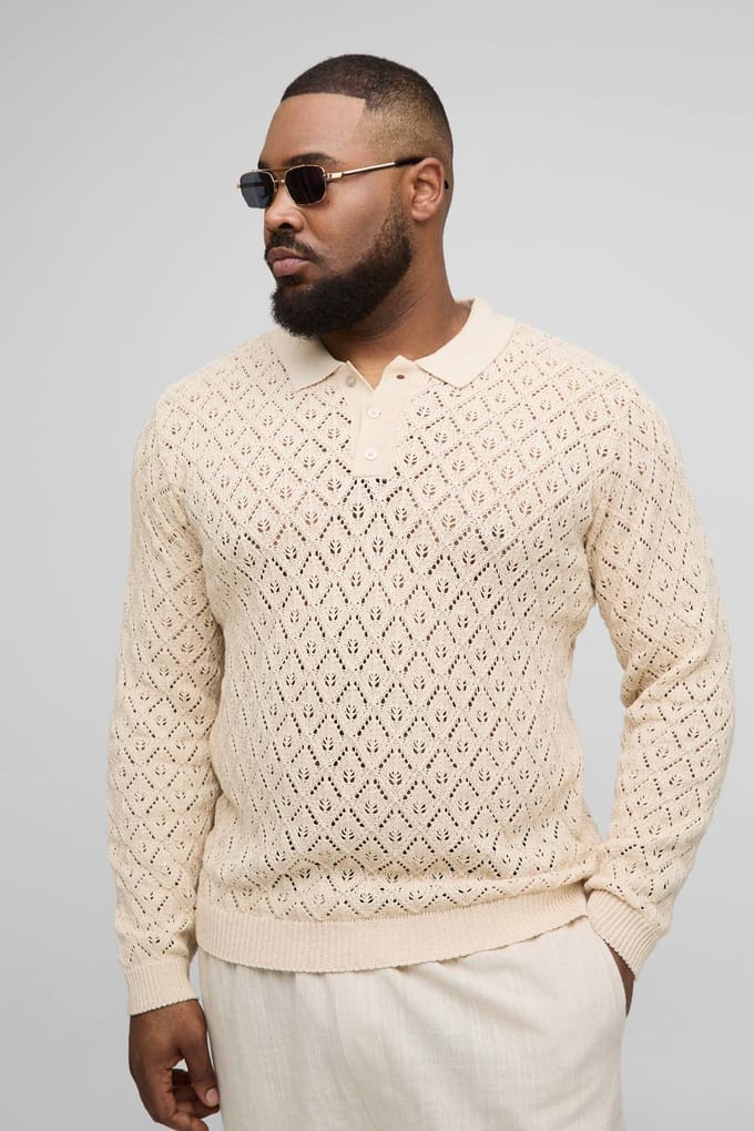 Plus oversized gehaakte poloshirt met lange mouwen | Natural | Size 2XL