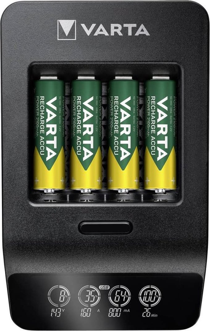 Batterijlader Varta LCD Smart Charger, voor 4 x Mignon AA/Micro AAA & 1 x USB, 2 modi, LCD-display, incl. 4 batterijen