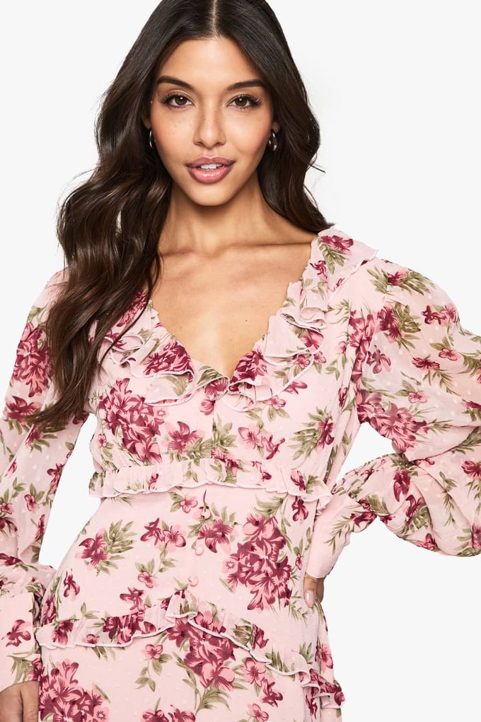 boohoo Dames Floral Chiffon Ruffle Mini Jurk | Pink | Maat: 8