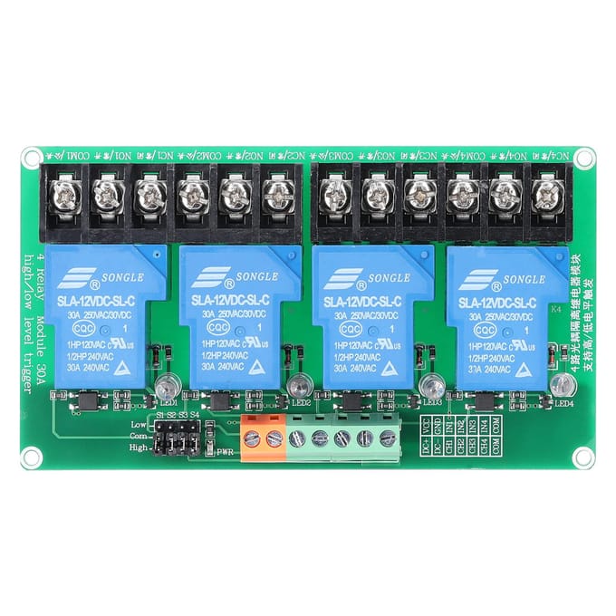 4-kanaals relaismodule 30A belastingstroom met optocoupler-isolatie Ondersteunt hoge en lage trigger 5V 5V