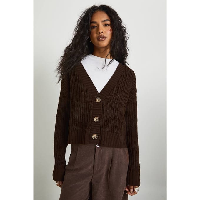 boohoo Dames Chunky gebreide cropped cardigan | Chocolate | Maat: Large