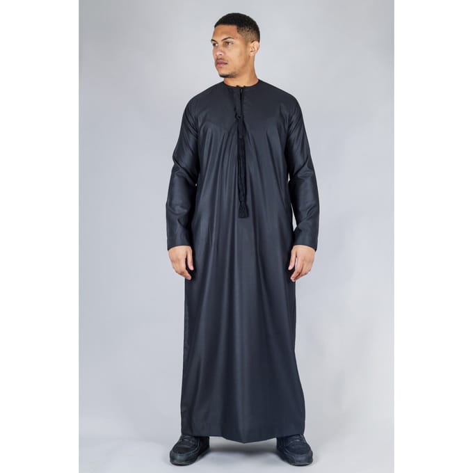 Heren zwarte Thobe Emirati islamitische Jubba Robe Eid Tassel Slim Fit
