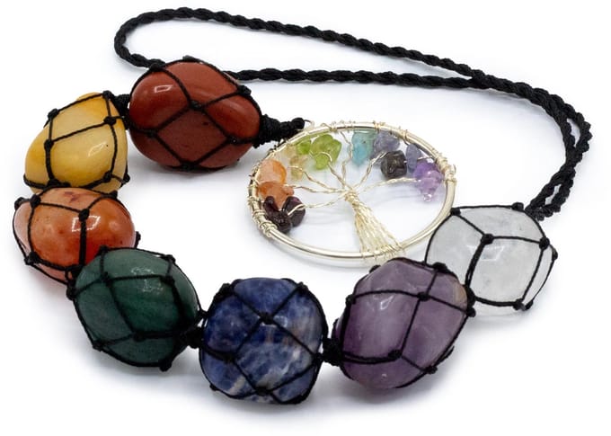 7 Chakra edelstenen hanger met levensboom - chakra - hang decoratie - meditatie - 35x3.5cm