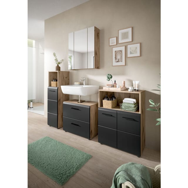 Moderne Badcombinatie Zwart-Wit - 2-Delig Kast en Spiegelkast - Compact 60x185 cm