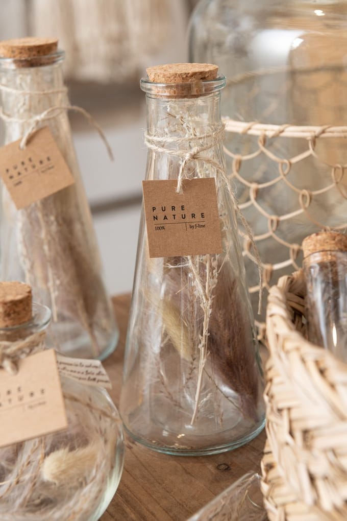 J-Line decoratie Fles - gedroogde bloemen - glas - naturel - medium - 2 stuks