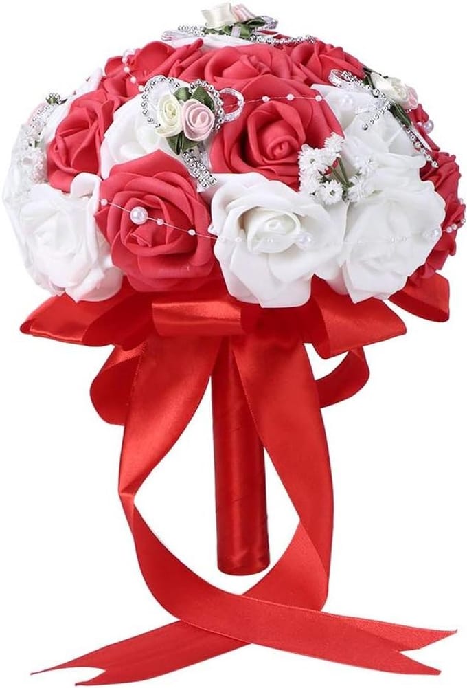Kunstboeket - Bruidsboeket - Bruiloft Decoratie - Met Imitatieparels - 26 cm Lengte - Rood