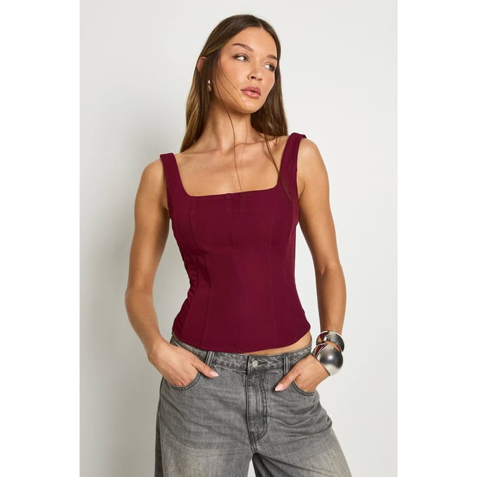 boohoo Dames Gestructureerde crepe corsettop | Bordeaux Rood | Maat: 34