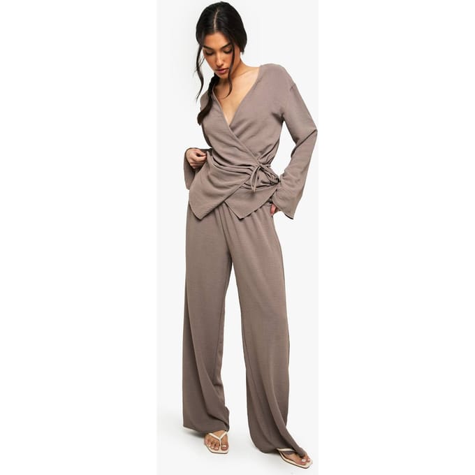 boohoo Dames Geweven Broek met Elastische Taille en Wijde Pijpen | Mokka | Maat: 44