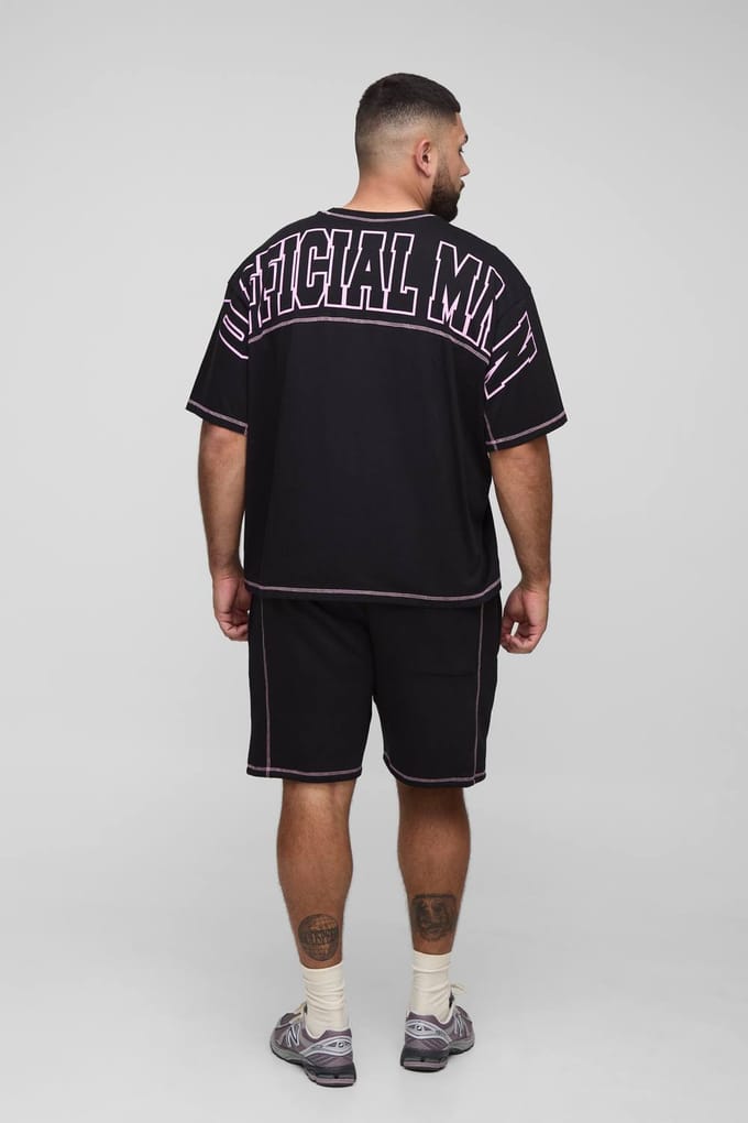 Plus Official Men's Contrast Stitch Oversized Boxy T-Shirt en Relaxed Jersey Short Set | Black | Size 2XL