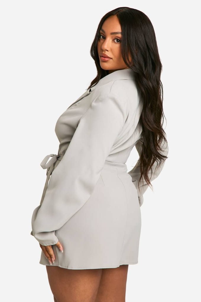 boohoo Dames Plus Geweven Op Maat Gemaakte Wikkeljurk | Grey | Maat: 28