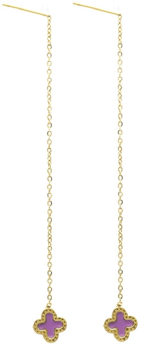 Oorbellen Pull Through - RVS - 8 cm - Goudkleurig en Paars