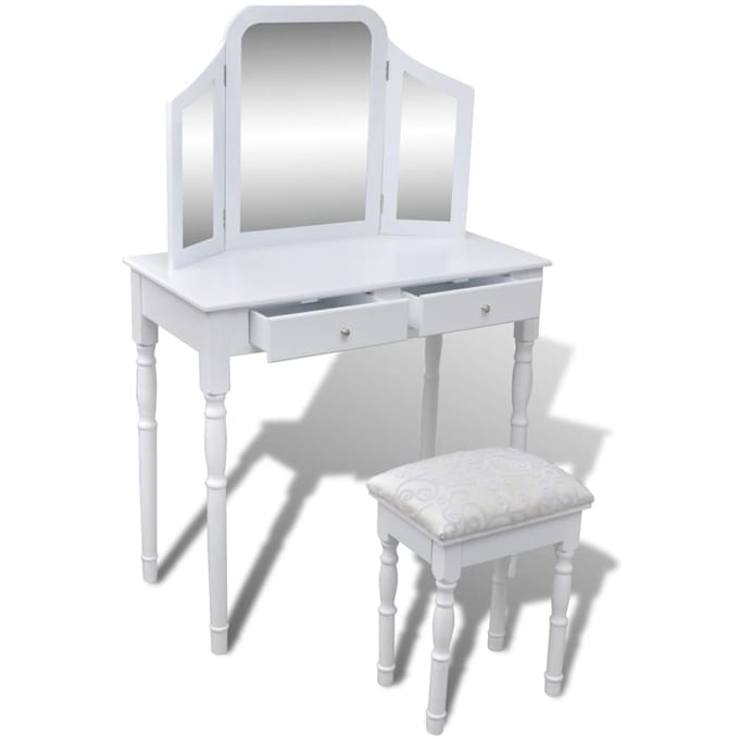 vidaXL - Kaptafel - met - 2 - lades, - 3-in-1 - spiegel - en - krukje - wit